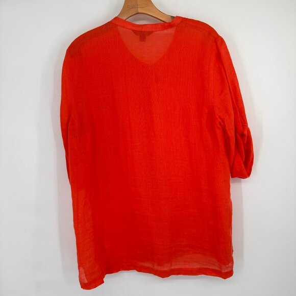 Tommy Bahama Womens orange Linen Button-Up Blouse size XL 3/4 roll tab sleeve - Picture 9 of 13